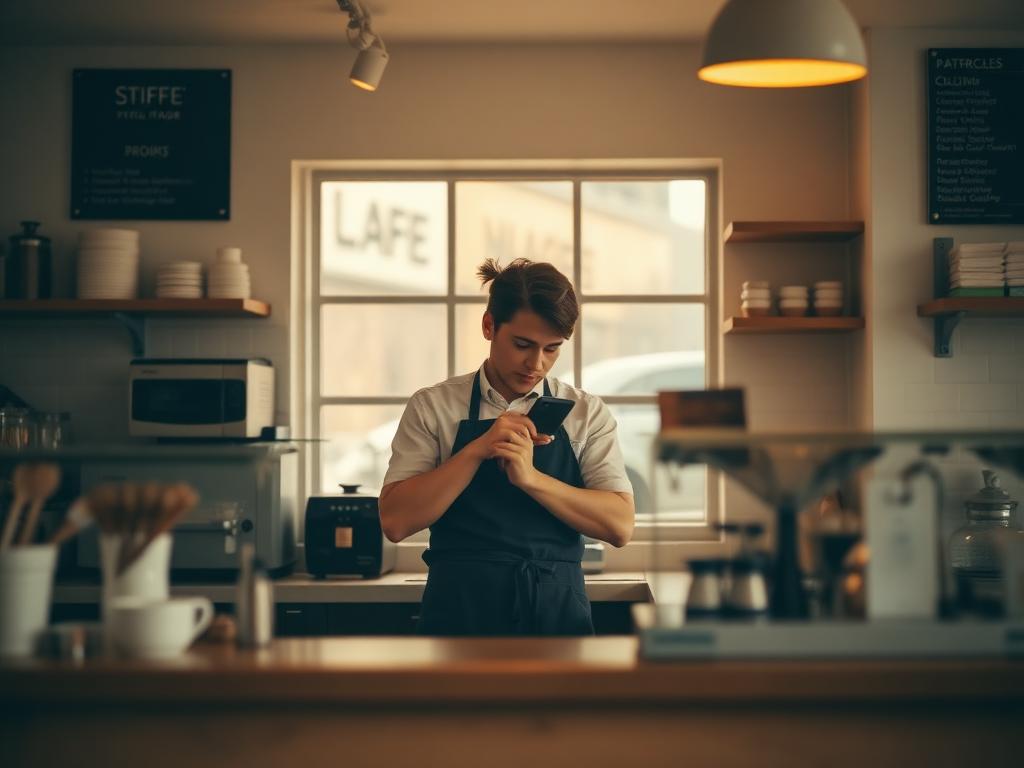 A café manager arranging cover for a shift on their phone