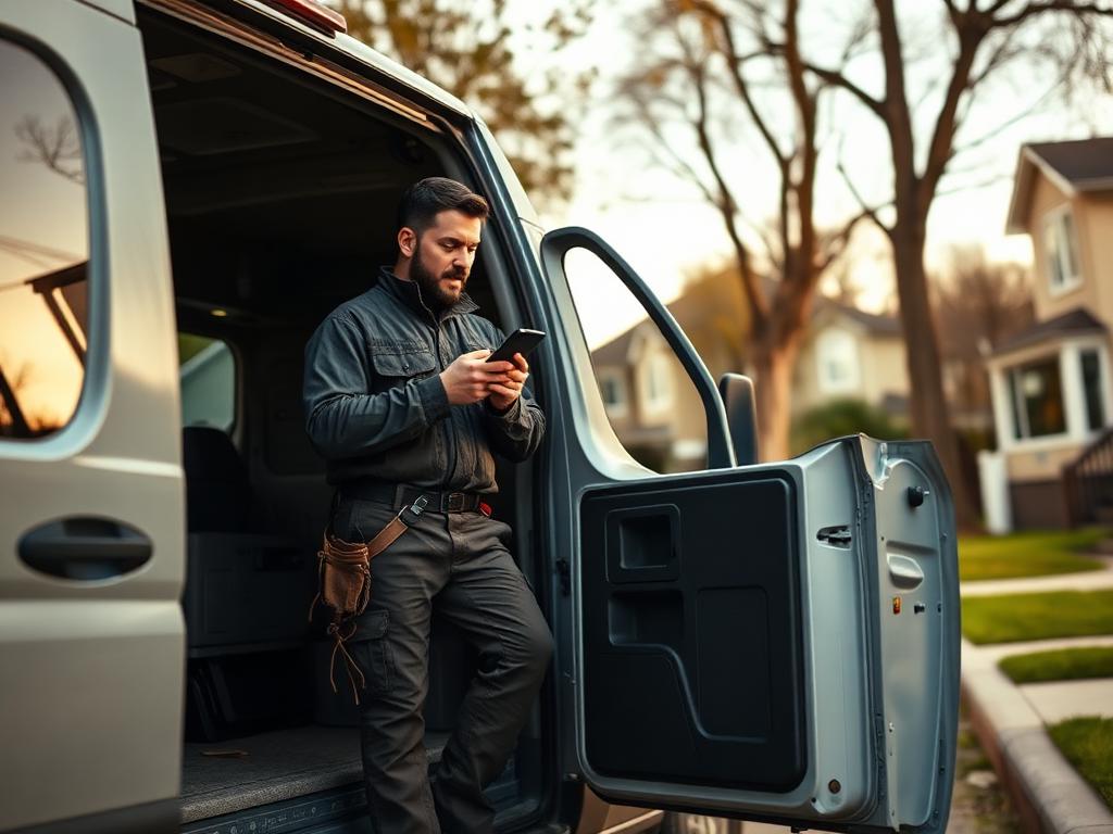 A tradesperson accepting an urgent service request beside their van
